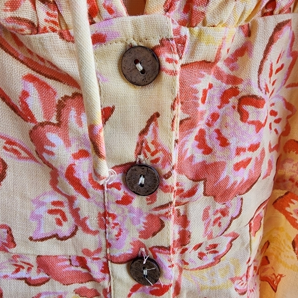 Billabong x Wrangler Dress Yellow Orange Linen Mini Floral Puff Sleeve Button XS - Picture 5 of 12